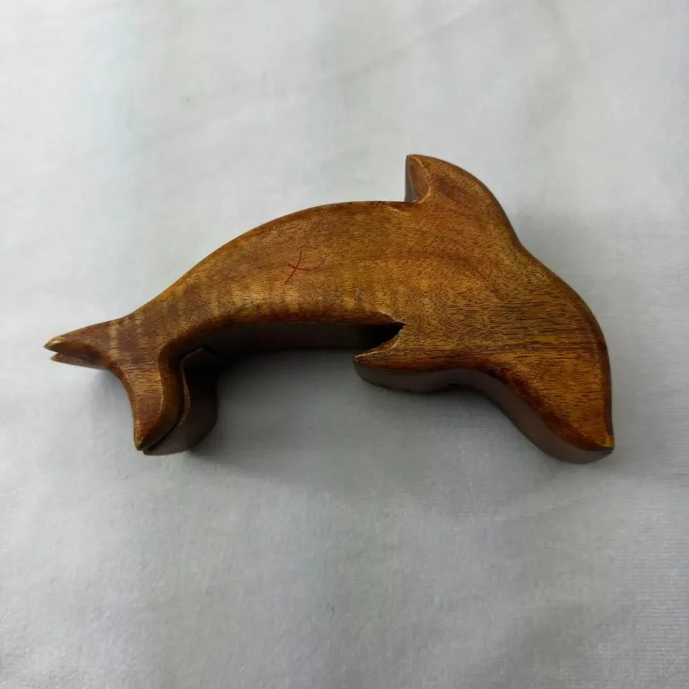 Wooden Dolphin Puzzle Treasure Box Moveable Puzzle 3D Coastal Jewelry Box